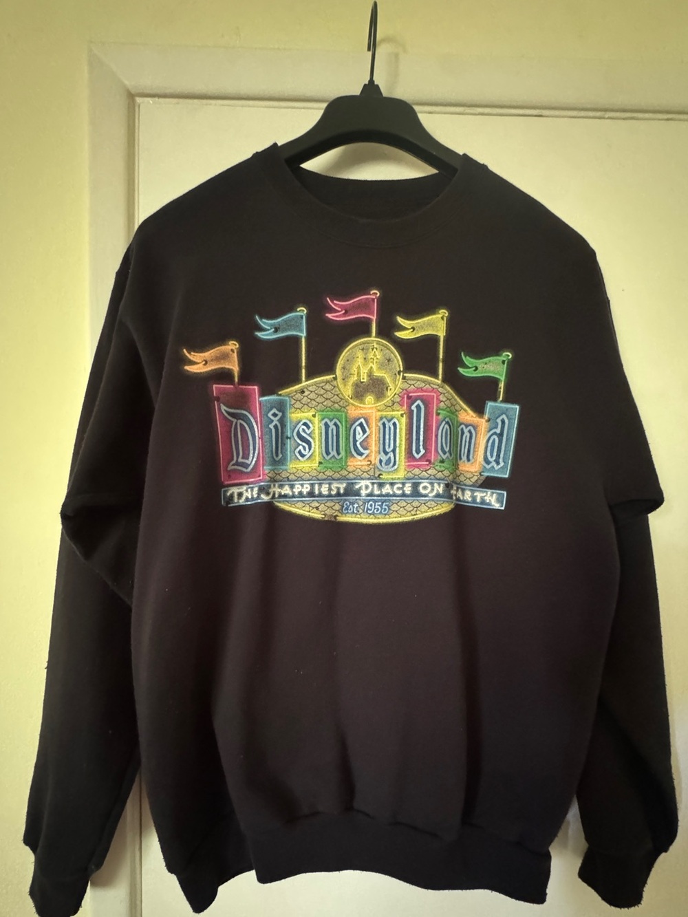 Disney Black Crewneck Sweatshirt with Neon Rainbow Disneyland Sign graphic